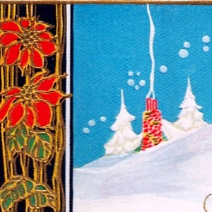 Cartão postal de Natal vintage ART DECO ~Casa de campo coberta de neve e grande lua cheia ~ Chaminé fumegante ~ Em branco