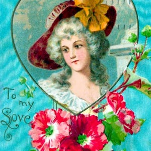 Ancienne carte postale de la Saint-Valentin ~ Réfléchie dame coloniale avec cheveux blancs ~ chapeau lavande ~ coquelicots ~ or en relief