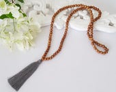 Long gray wooden bead tassel necklace - 8mm Natural wood beads with a grey tassel