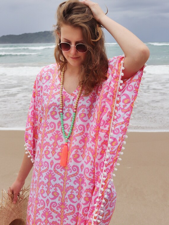 Roze beach kaftan korte ikat print caftan jurk met pom poms Etsy