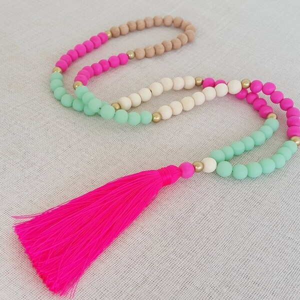 Neon pink, mint, white, gold and wooden bead tassel necklace - Long tassel necklace natural wooden beads , mint beads - Neon pink tassel
