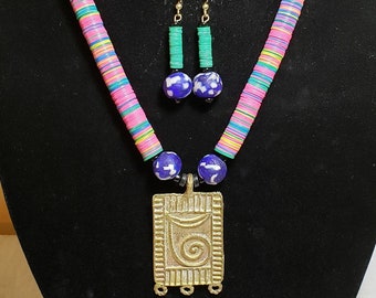 African brass, recycled glass, and vinyl disc bead necklace & earrings - Ghana