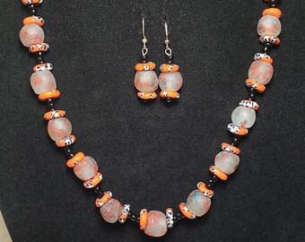 African orange, black, and white recycled glass Krobo bead necklace and earrings (Ghana)