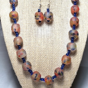African mixed colors (blue, orange, milky/clear, with yellow flecks) recycled glass Krobo beads - necklace and earrings (Ghana)