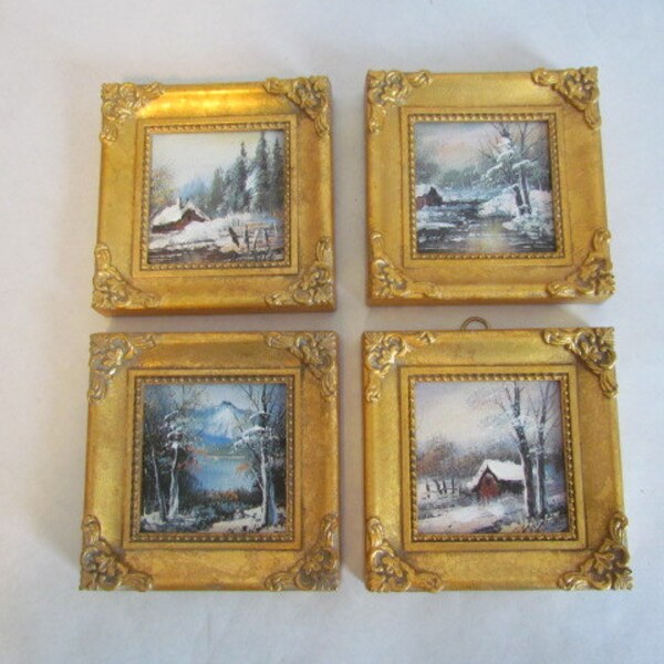Winter Landscape Paintings Set of 4 Piece Miniature Vintage Wall Art