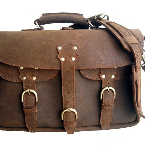 Handmade Distressed Buffalo Leather Briefcase / Messenger Bag Etsy