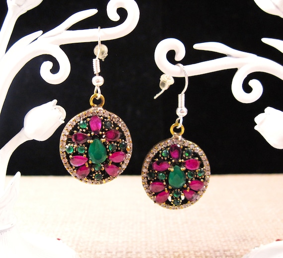 Silver Emerald & Ruby Earrings, Fancy Turkish Ste… - image 1