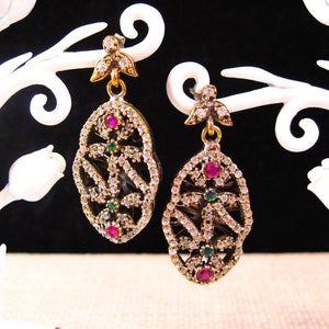 Silver Emerald & Ruby Drop Earrings, Fancy Turkish Sterling Silver and Gold over Brass Emerald Ruby and Zirconia Dangle Drop Earrings