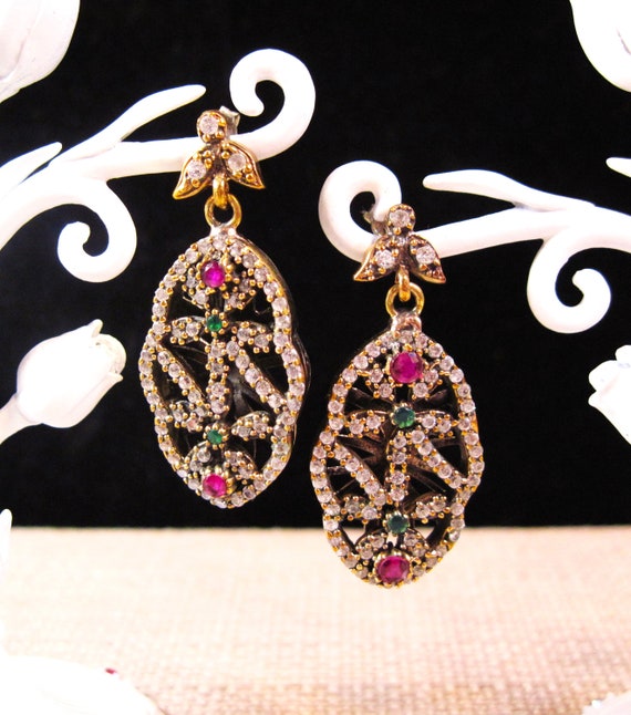 Silver Emerald & Ruby Drop Earrings, Fancy Turkish