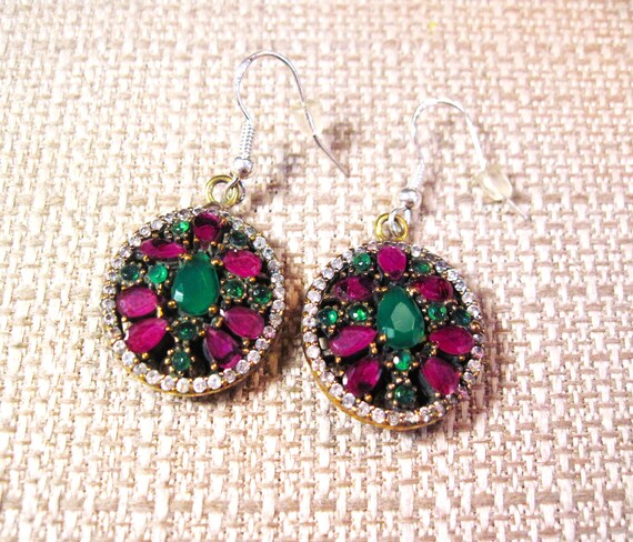 Silver Emerald & Ruby Earrings, Fancy Turkish Ste… - image 2