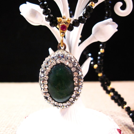 Turkish Silver Jade Pyrite Ruby Necklace, Fancy 9… - image 1