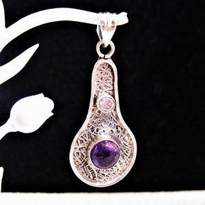Silver Amethyst & Zirconia Pendant, Fancy 925 Sterling Silver Amethyst and Zirconia Pendant, Beautiful Vintage Pendant, Chakra Pendant