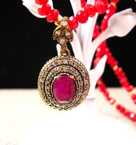 Turkish Silver Ruby & Zirconia Necklace, Fancy 92… - image 1