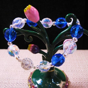 Silver Czech Crystal Bracelet, Gorgeous Silver-Plated Czech Blue and Iridescent Crystal Bracelet with a Beautiful Magnetic Crystal Clasp