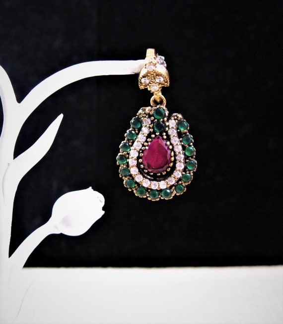 Turkish Silver Emerald Ruby Pendant, Fancy 925 Ste