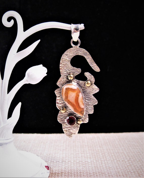 Silver Fire Agate & Garnet Pendant, Fancy 925 Ster