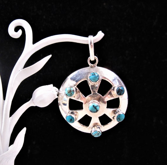 Sterling Silver Turquoise Pendant, Gorgeous Fancy… - image 1