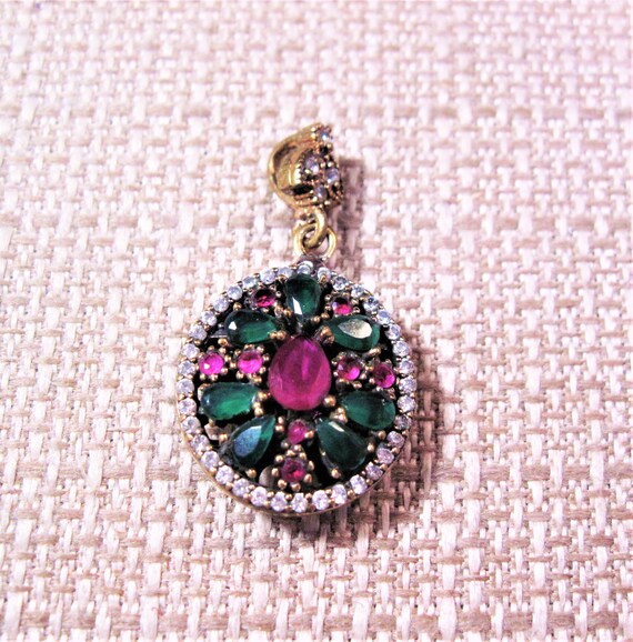 Turkish Silver Emerald Ruby Pendant, Fancy 925 St… - image 2