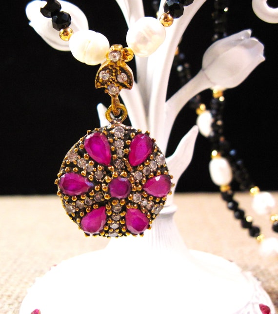 Turkish Silver Ruby Necklace, Fancy 925 Sterling S