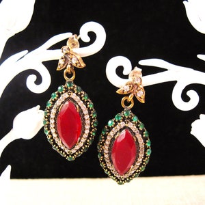Silver Emerald & Ruby Drop Earrings, Fancy Turkish Sterling Silver and Gold over Brass Emerald Ruby and Zirconia Dangle Drop Earrings