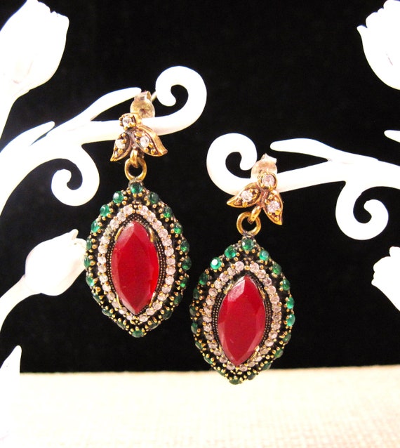 Silver Emerald & Ruby Drop Earrings, Fancy Turkis… - image 1