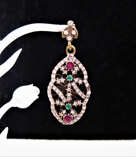 Turkish Silver Emerald Ruby Pendant, Fancy 925 St… - image 1