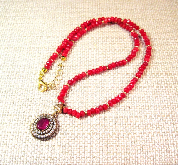 Turkish Silver Ruby & Zirconia Necklace, Fancy 92… - image 4