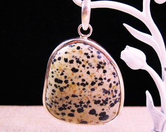 Large Silver Dalmatian Jasper Pendant, Gorgeous Large Vintage 925 Sterling Silver Dalmatian Jasper Pendant