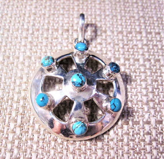 Sterling Silver Turquoise Pendant, Gorgeous Fancy… - image 3