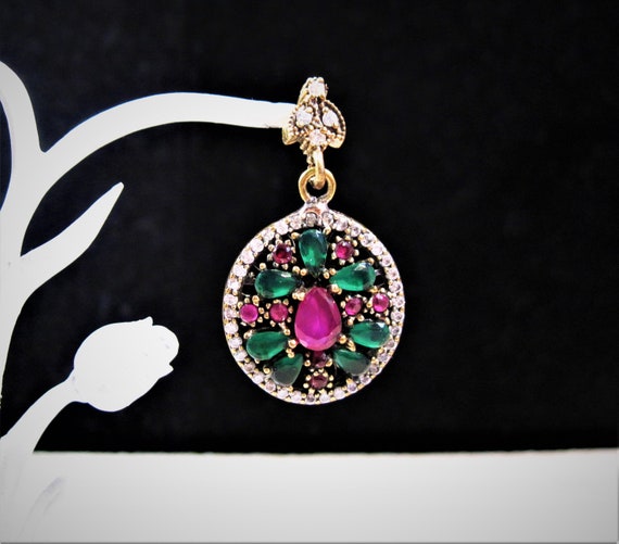 Turkish Silver Emerald Ruby Pendant, Fancy 925 St… - image 1