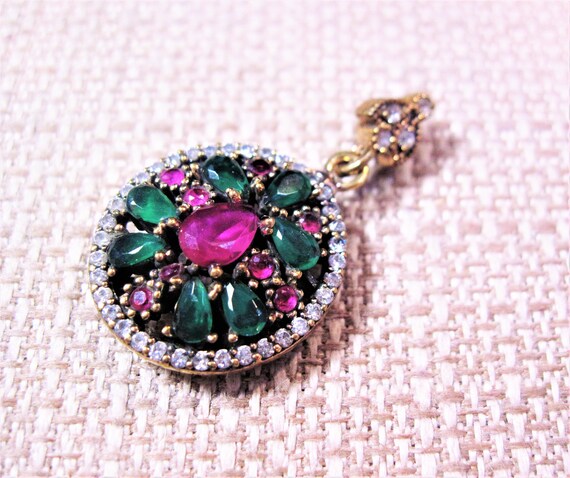 Turkish Silver Emerald Ruby Pendant, Fancy 925 St… - image 3