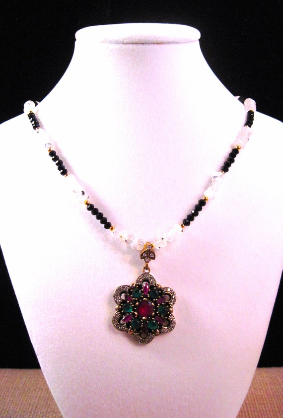 Turkish Silver Emerald Ruby Necklace, Fancy 925 S… - image 2