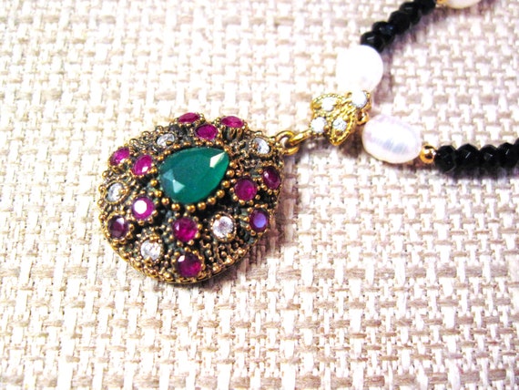 Turkish Silver Emerald Ruby Necklace, Fancy 925 S… - image 3