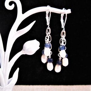 Silver Kyanite & Pearl Earrings, Gorgeous Sterling Silver Lever Back Dangle Earrings with Kyanite and Pearl Earrings