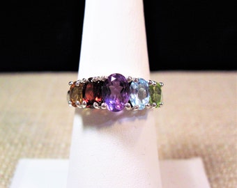 Silver Multi-Gemstone Ring, Beautiful Vintage Sterling Silver Amethyst Blue Topaz Citrine Garnet and Peridot Ring Size 7