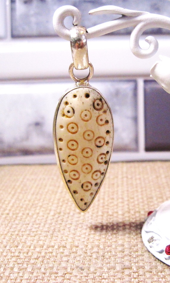 Sterling Silver Carved Bone Pendant, Gorgeous Vint