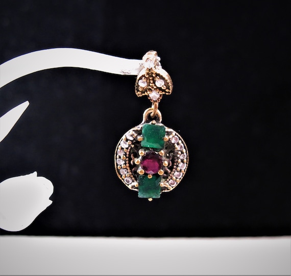 Turkish Silver Emerald Ruby Pendant, Fancy 925 St… - image 1