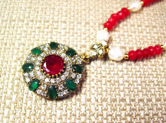 Turkish Silver Emerald Pearl & Ruby Necklace, Fan… - image 3