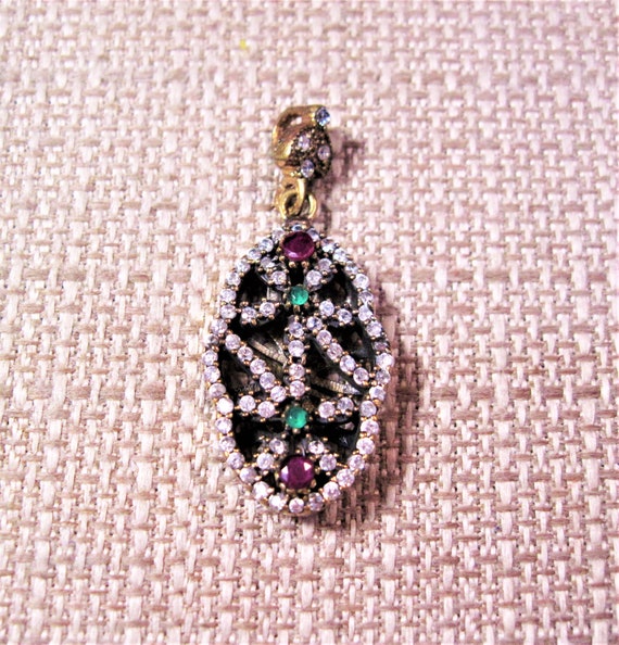 Turkish Silver Emerald Ruby Pendant, Fancy 925 St… - image 2