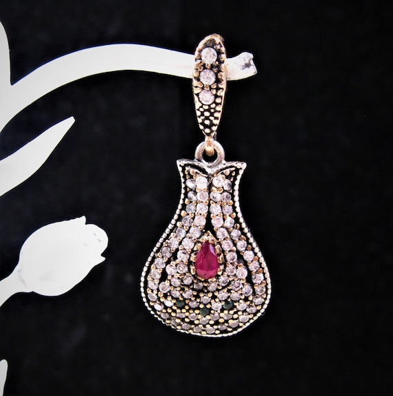 Turkish Silver Emerald Ruby Pendant, Fancy 925 St… - image 1