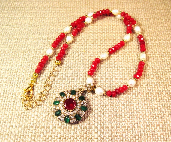 Turkish Silver Emerald Pearl & Ruby Necklace, Fan… - image 4