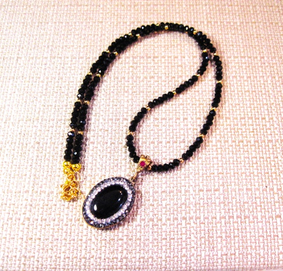 Turkish Silver Onyx Pyrite Ruby Necklace, Fancy 9… - image 4