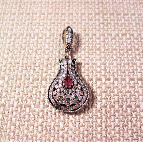 Turkish Silver Emerald Ruby Pendant, Fancy 925 St… - image 2