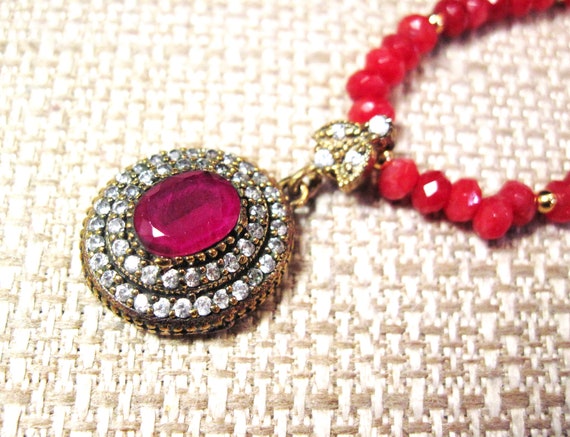 Turkish Silver Ruby & Zirconia Necklace, Fancy 92… - image 3