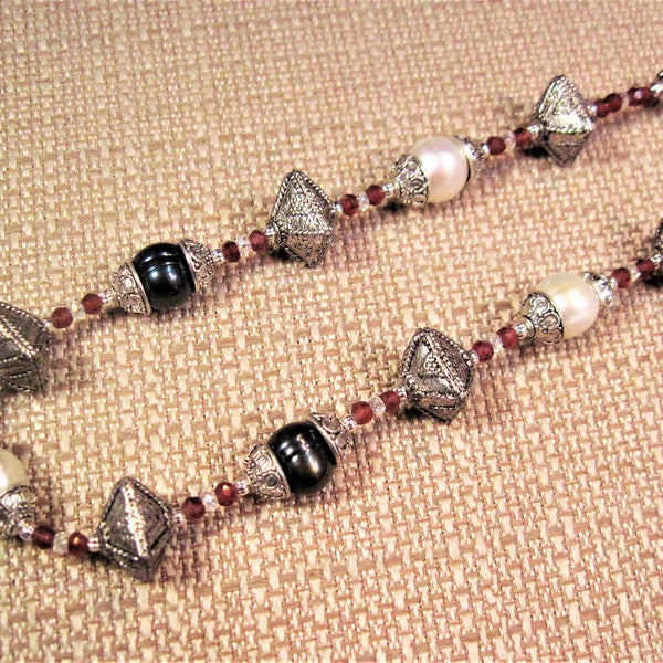 Lg Bali Black and White Pearl Necklace,  Gorgeous Large Bali Sterling Silver and Pewter 10mm Pearl Garnet and Czech AB Crystal Necklace