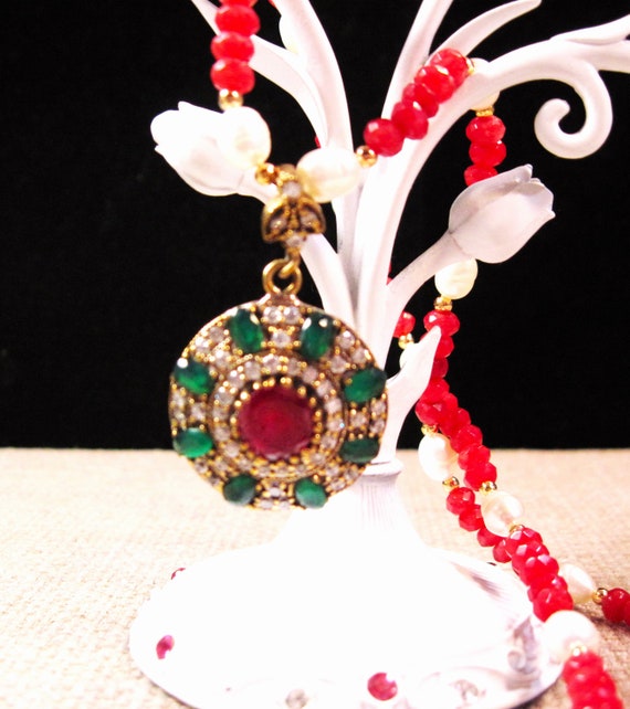 Turkish Silver Emerald Pearl & Ruby Necklace, Fan… - image 1