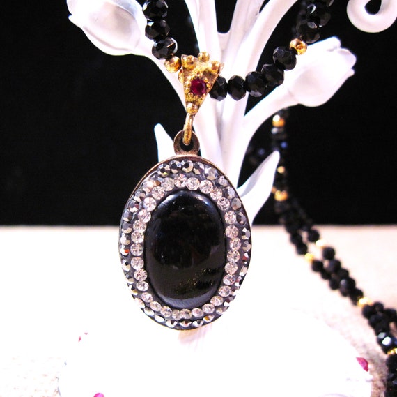 Turkish Silver Onyx Pyrite Ruby Necklace, Fancy 9… - image 2