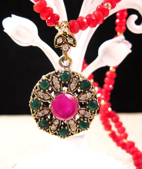 Turkish Silver Emerald & Ruby Necklace, Fancy 925 