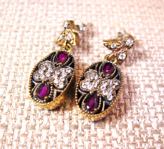 Silver Ruby Drop Earrings, Fancy Turkish Sterling… - image 2