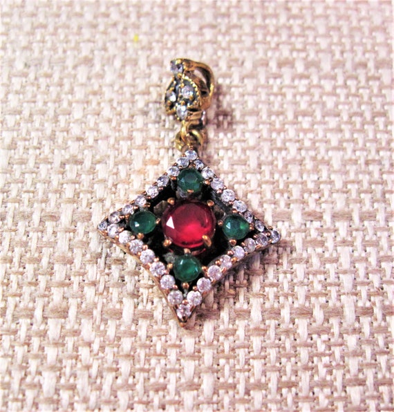 Turkish Silver Emerald Ruby Pendant, Fancy 925 St… - image 2